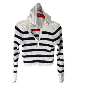 Aeropostale Pull Over Sweater Women’s XL  Henley White Striped Hooded Stretchy